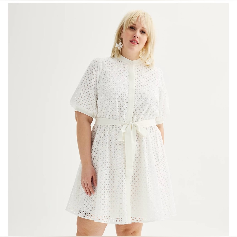 Nine West white eyelet fit & flare button front shirt sleeve dress size XL